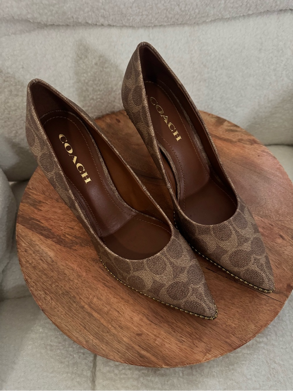 Coach Brown Signature Pointed-Toe Pumps with Gold Accents